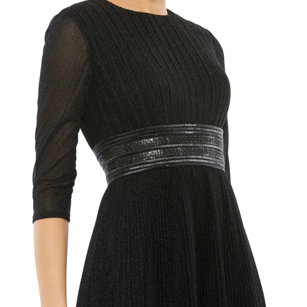 NWT Mac Duggal 30750 Size 6 Black Shimmering 3/4 Sleeve A-line Midi Dress - Picture 14 of 15